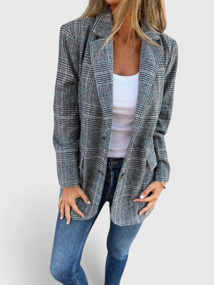 Kornelia | Żakiet Oversize Szary Wełniany w Kratę Elegancki Damski