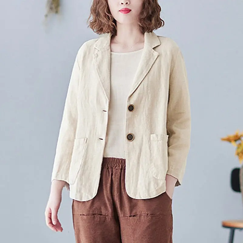 Klara | Marynarka Błękitna Lniana z Rękawem 3/4 i Kieszeniami Damska