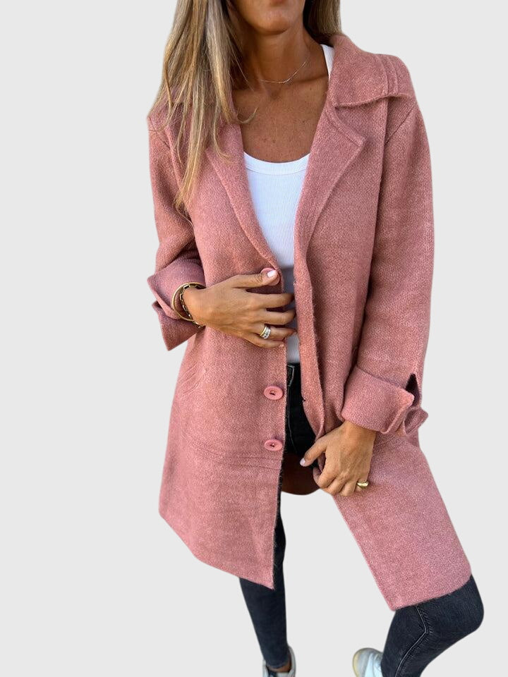 Milena | Płaszcz Różowy Dzianinowy z Klapami Oversize Midi Damski