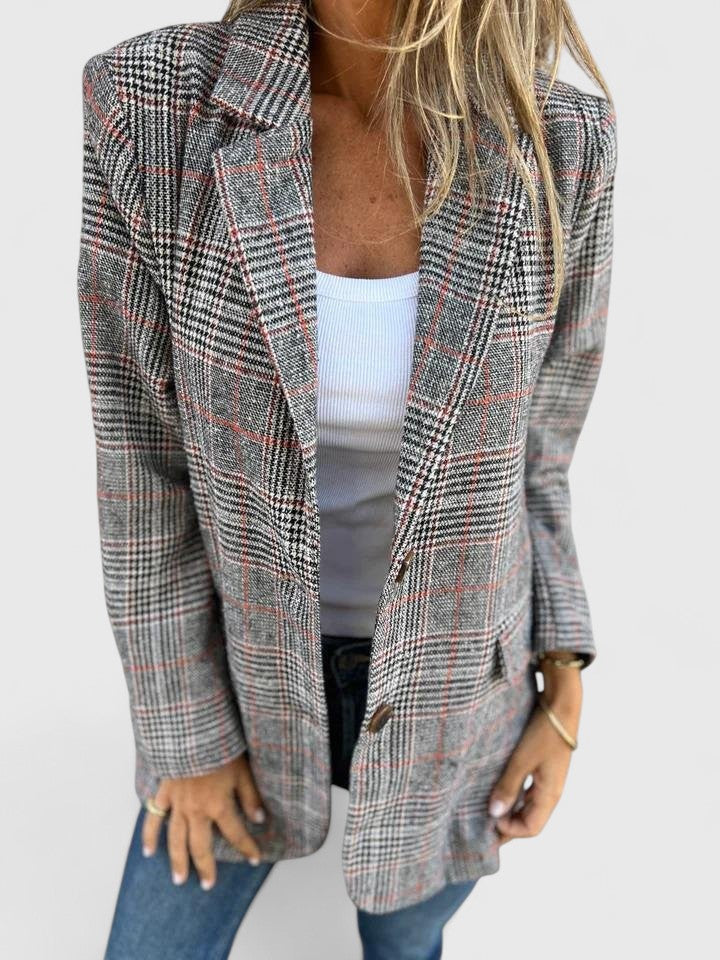 Kornelia | Żakiet Oversize Szary Wełniany w Kratę Elegancki Damski