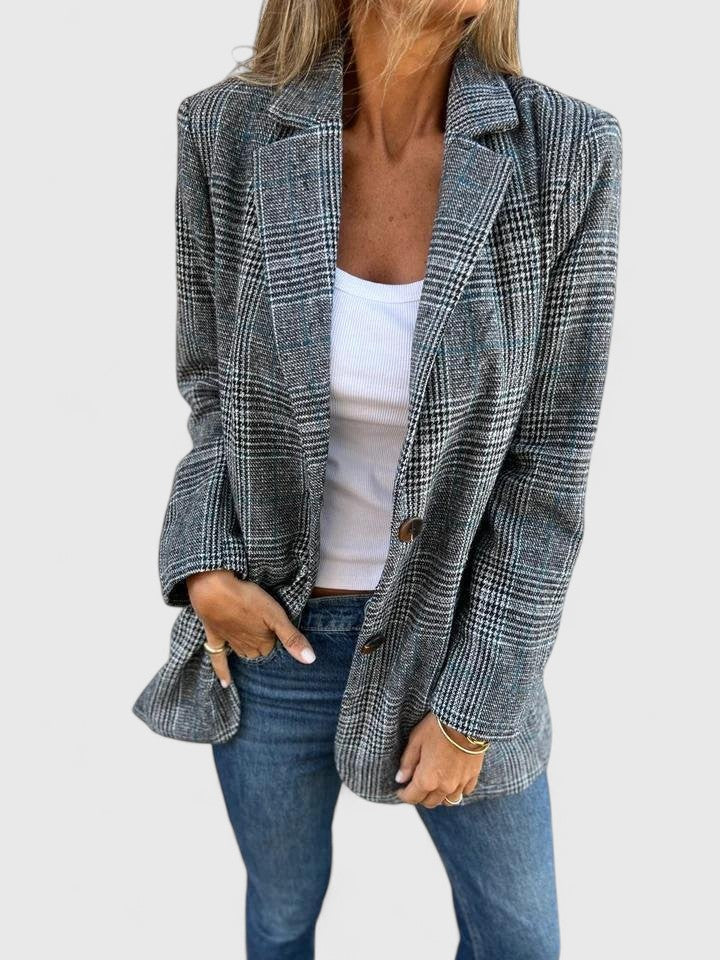 Kornelia | Żakiet Oversize Szary Wełniany w Kratę Elegancki Damski