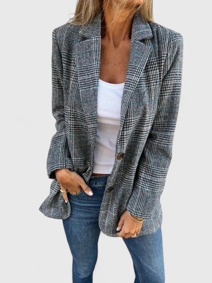 Kornelia | Żakiet Oversize Szary Wełniany w Kratę Elegancki Damski