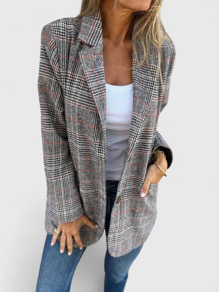 Kornelia | Żakiet Oversize Szary Wełniany w Kratę Elegancki Damski