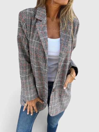 Kornelia | Żakiet Oversize Szary Wełniany w Kratę Elegancki Damski